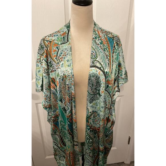 ACOA Green Bohemian Paisley Printed Longline Open Satin Kimono, S/M - Picture 2 of 7